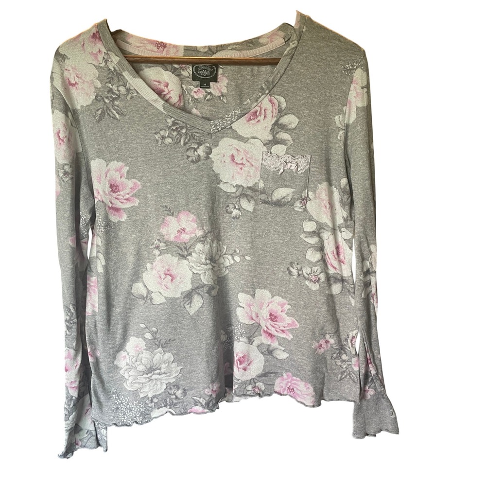 Laura Ashley Womens Shabby Floral Cottage Pocket Top Bow Size M Soft Girl Chic - Picture 1 of 9
